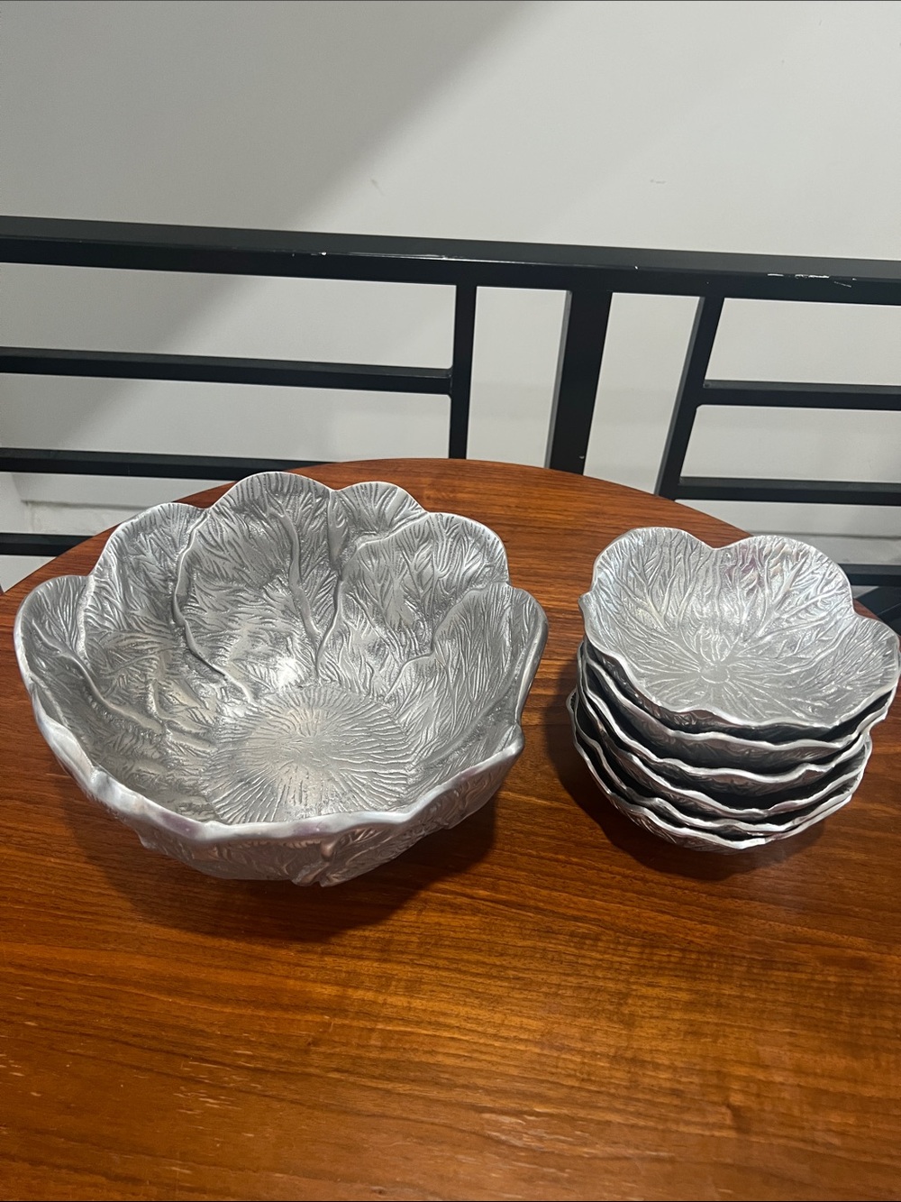 Pewter Cabbage Leaf Serving Bowl & 6 Bowls Set